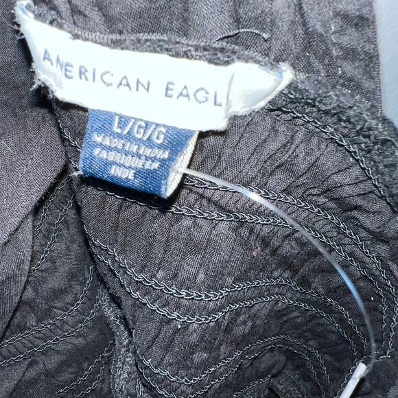 American Eagle Vneck Wide Leg Jumpsuit Black size Large 100% Cotton Boho Smocked - Picture 9 of 12